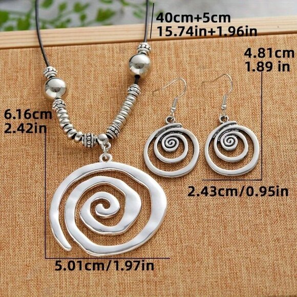 Boho Spiral Necklace & Earrings Set – Silver Alloy Swirl Pendant Jewelry NEW - Picture 2 of 4